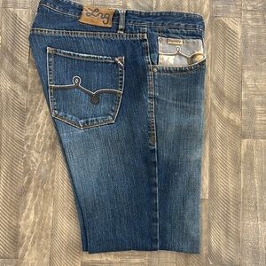 Lrg Blue Straight Jeans with Distressing and Contrast Stitching